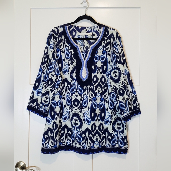 Tantrums Tops - Tantrums Embroidered Cotton Tunic Split V Neck Paisley Print Blue White Size XXL